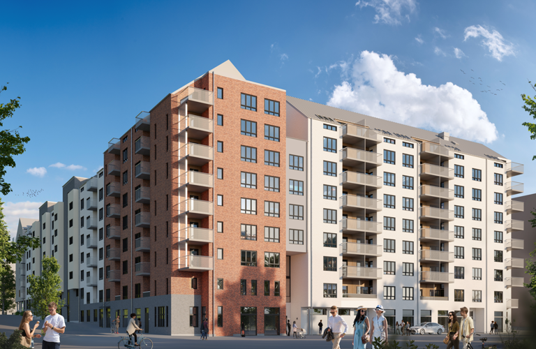 Renderingsbild på fasaden från gatan.