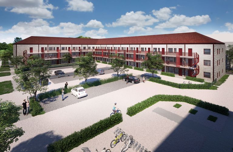 Illustration av området med huset och grönskande innergård