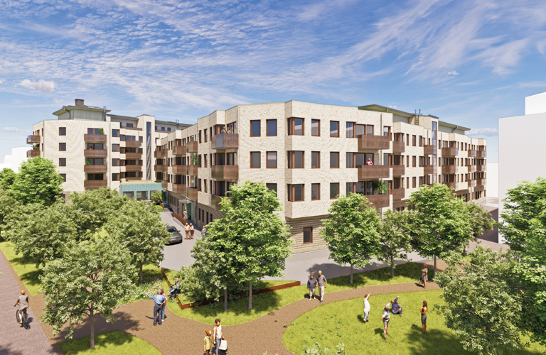 Modern flerbostadshus i ljus tegel med balkonger, omgiven av grönska och gångvägar.