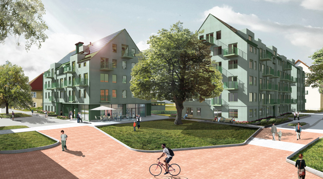 Illustration av grön fasad från innergård och grönska