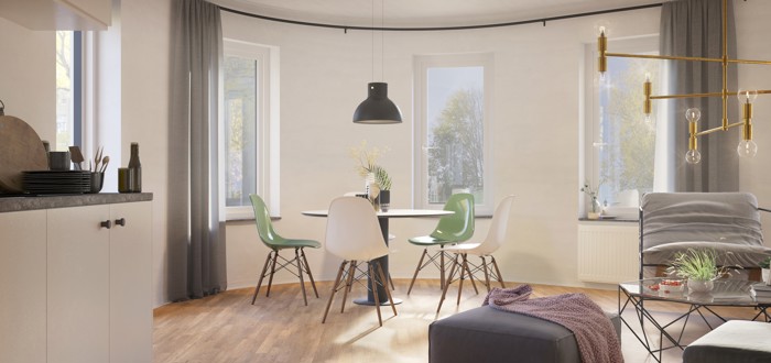 Illustration av matplats med rundade väggar och stora fönsterpartier