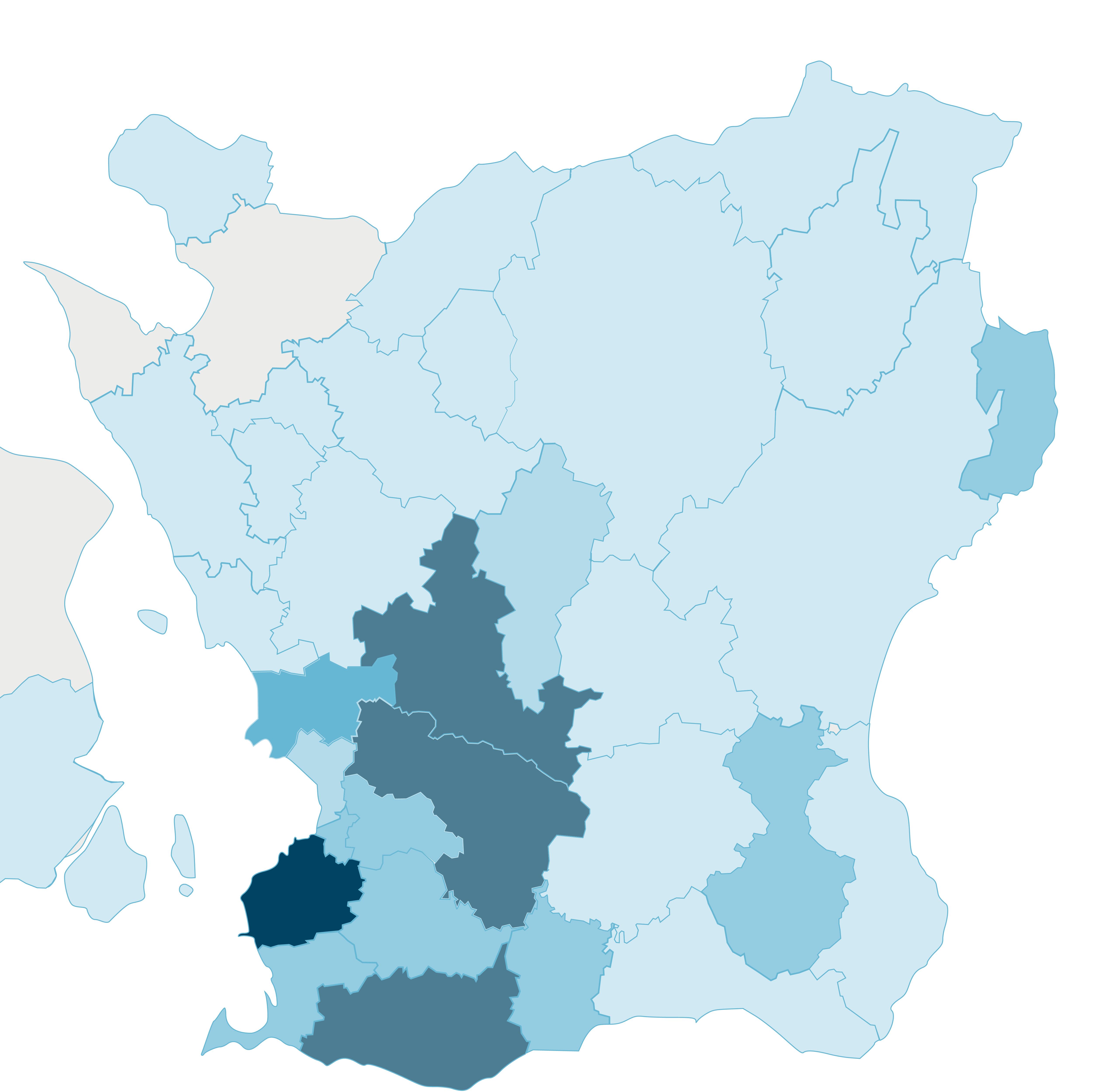 Karta över Skåne som visar vilka kommuner Boplats Syd förmedlat i.