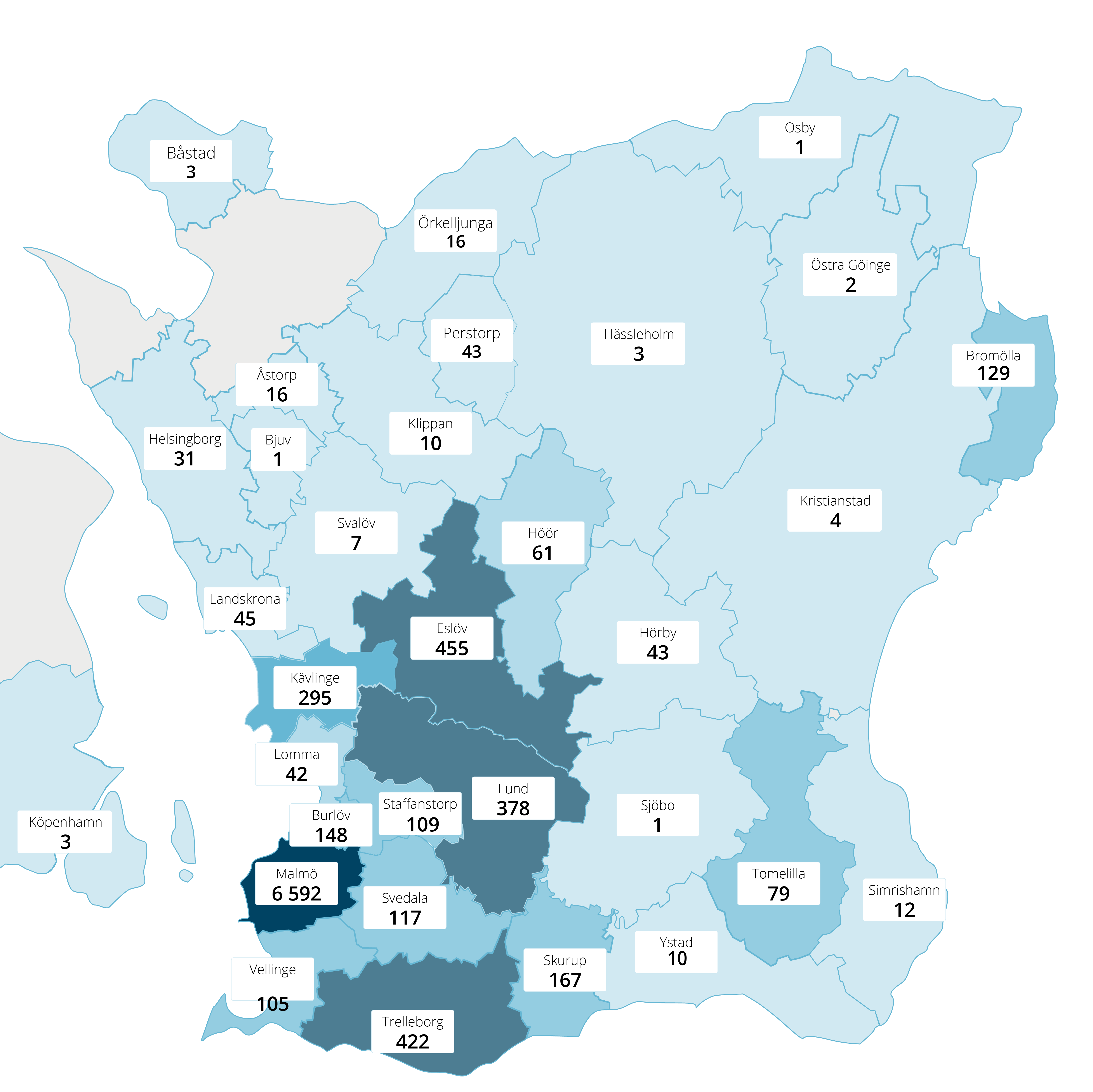 Karta över Skåne med kommuner Boplats Syd förmedlat i under 2025