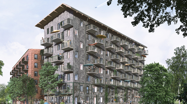 Illustration av tegelfasad och grönområde
