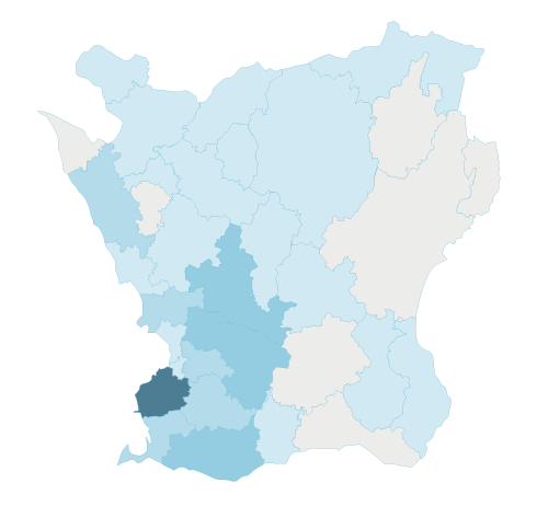 Karta över Skåne som visar vilka kommuner Boplats Syd förmedlat i. 