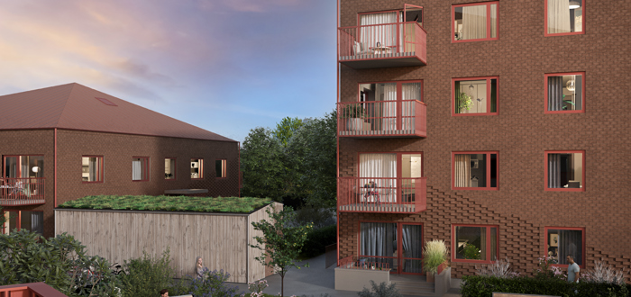 Illustratration av huset från balkongvy, över innergården med folk i rörelse